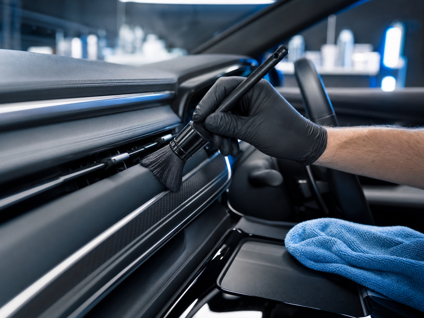 Detailreinigung eines Fahrzeuginnenraums mit Pinsel und Mikrofasertuch